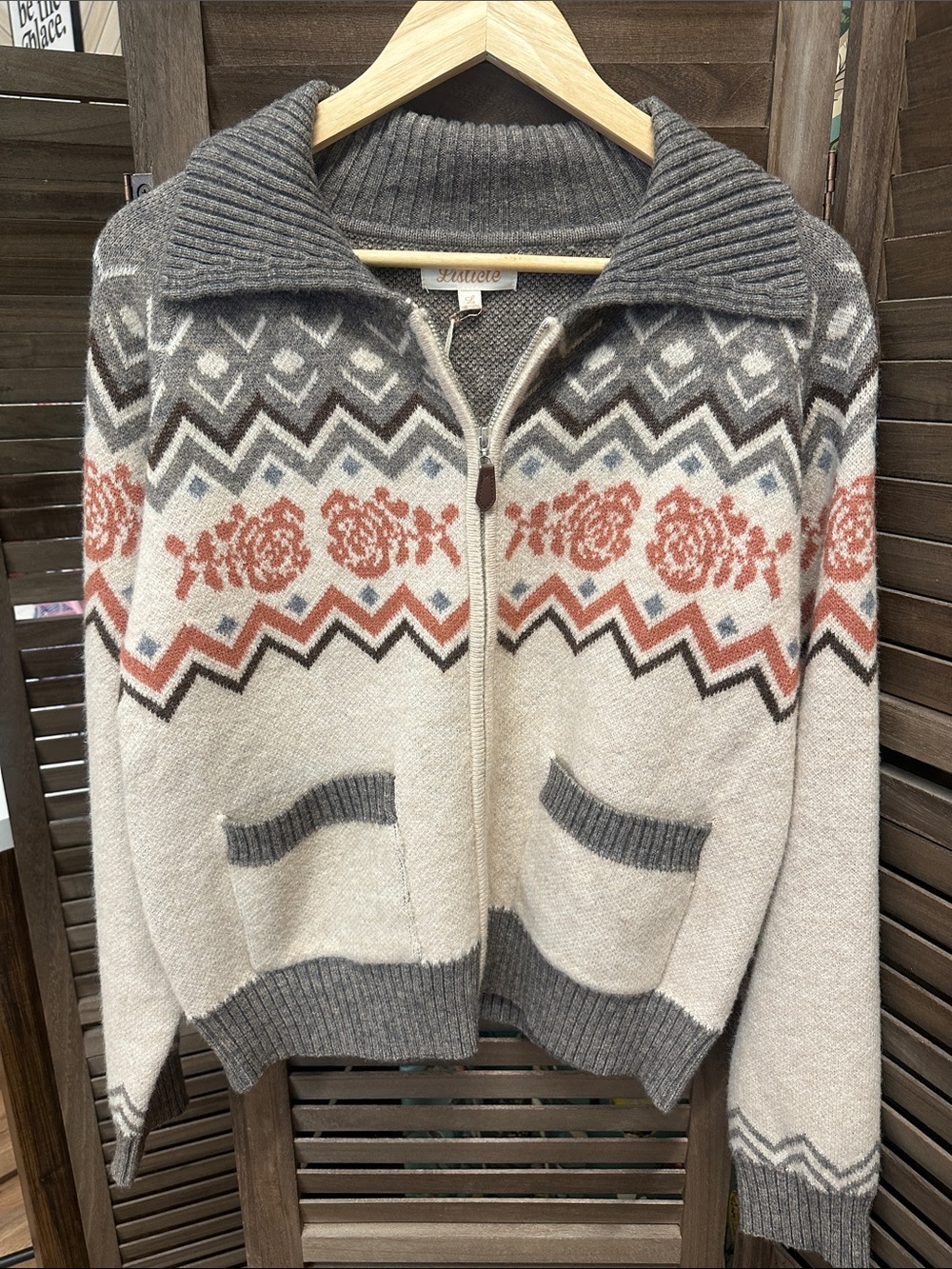 Listicle Cream, Gray & Coral Fair Isle Zip Cardigan
